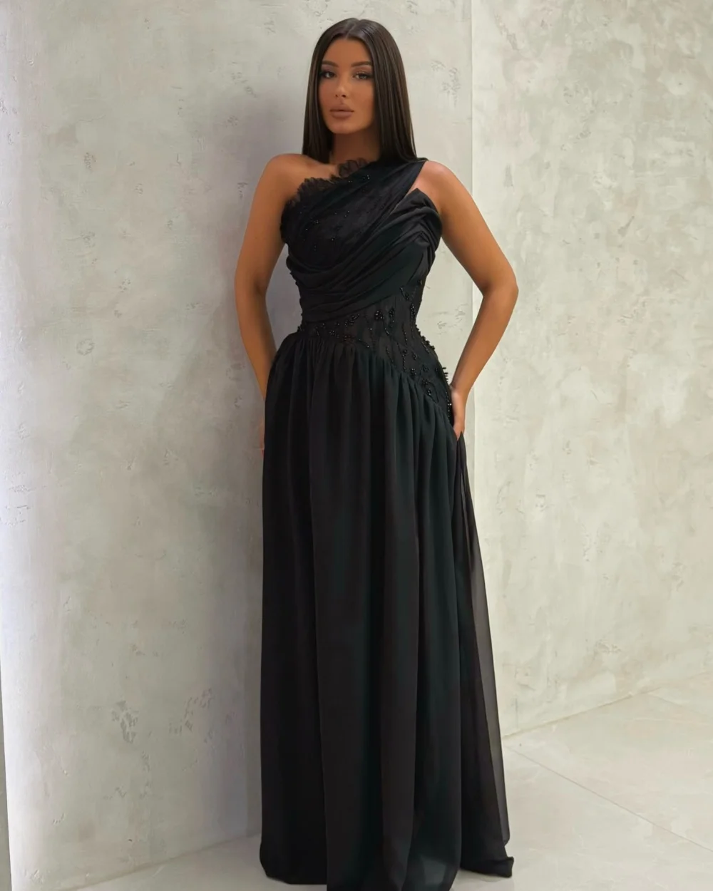

Customized High Quality Classic Chiffon Beading Pleat Straight One-shoulder Long Dresses Bespoke Occasion Dresses Modern Style