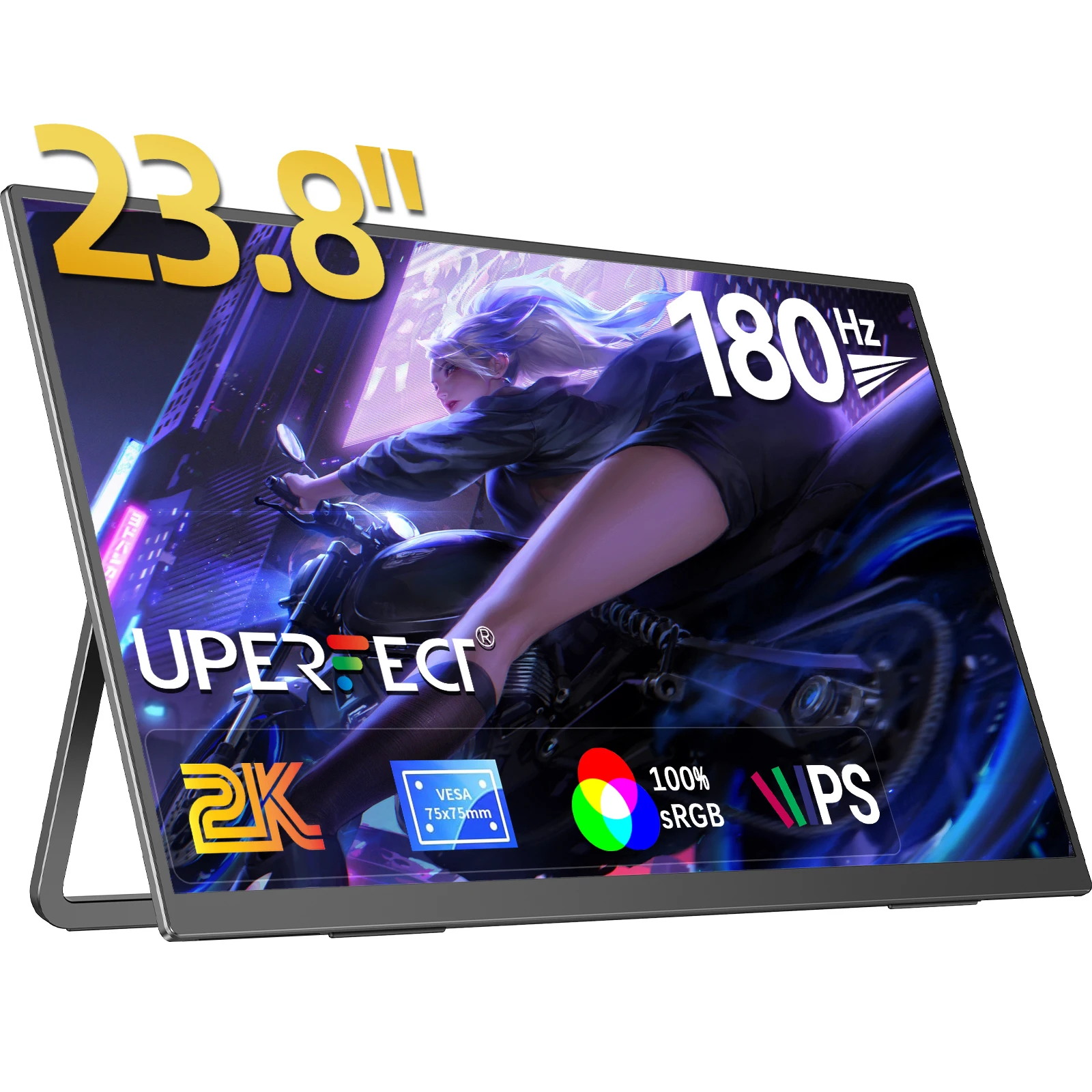 UPERFECT 23.8 "180Hz 2K مراقبة الألعاب المحمولة QHD نوع C HDMI العناية بالعين الشاشة الثانية الخارجية لجهاز الكمبيوتر المحمول وحدة تحكم الألعاب PS5 تبديل جهاز الكمبيوتر الشخصي الهاتف مع حامل الوقوف HDR FreeSync