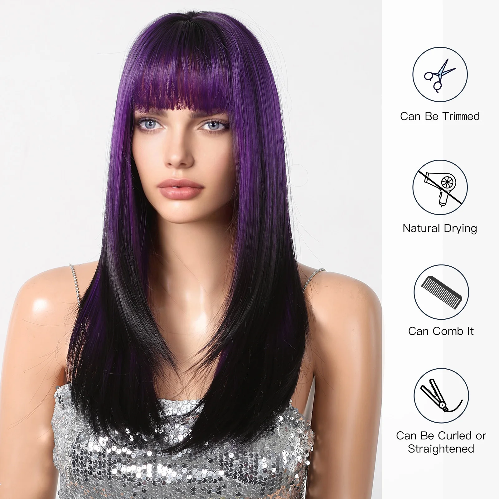 ALAN EATON Long Layered Wigs with Bangs Purple to Black Straight Wig Synthetic Colorful Party Cosplay Wig Heat Resistant Hair