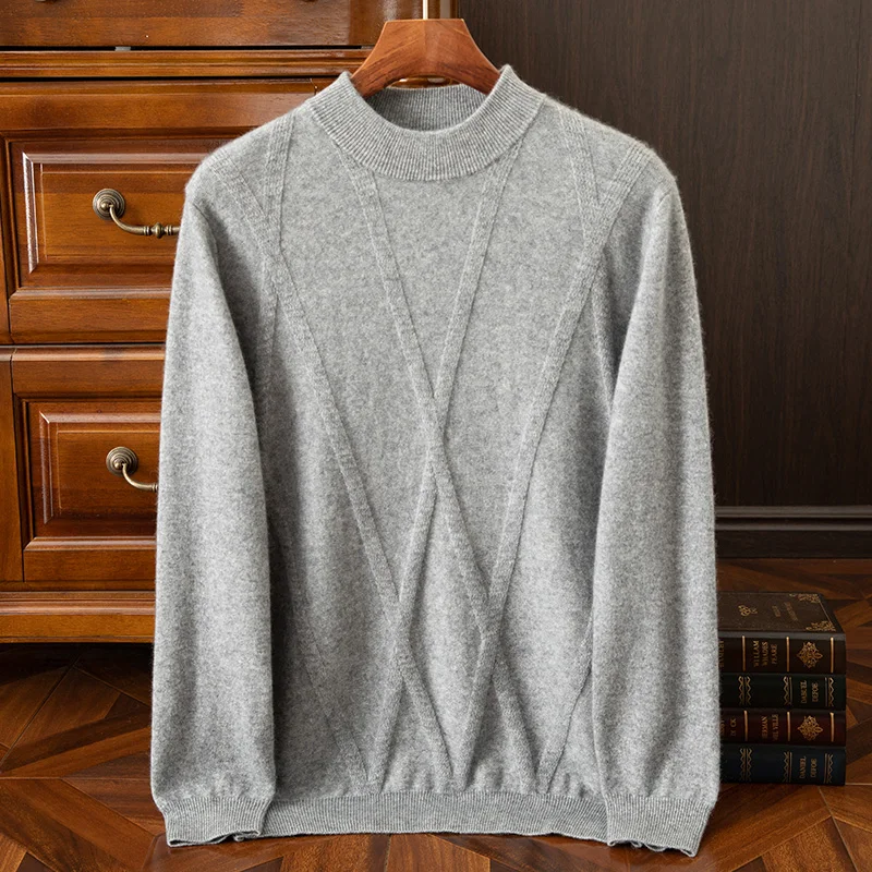 2024 New (100% Cashmere) Men's Half High Collar Diamond Business Leisure Classic Versatile Fashion