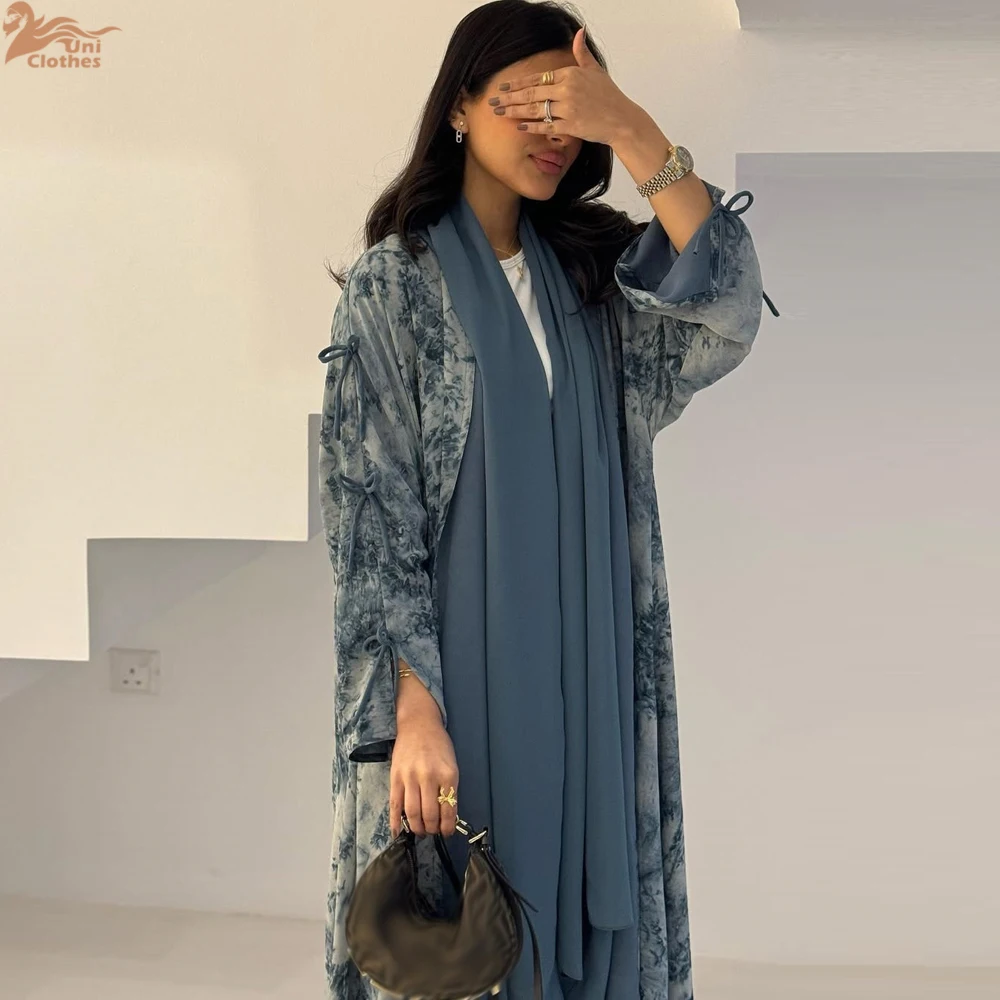 Ramadán Eid Tie Dye mariposa arco musulmán modesto Kimono Abaya Damen Dubai lujo Islam mujeres Kebaya con Hijab Kaftan bata Mujer