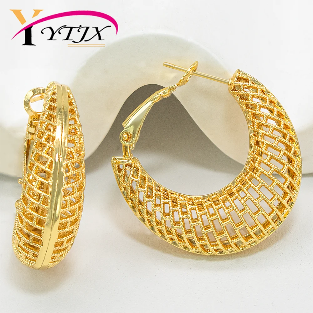 YTJX Hohles Netzgitter-Design Damen-Ohrring Klassischer 18K Vergoldeter C-förmiger Piercing-Ohrring Dubai Mode Täglicher Schmuck Geschenk – Detail 3