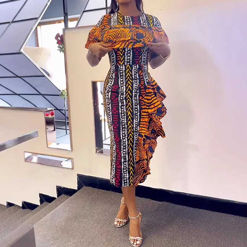 Slergiri Women's Ethnic Style Print Back Split Dress 2025 Summer O-Neck High Waist Boho Ruffle Trim Bodycon Midi Dresses