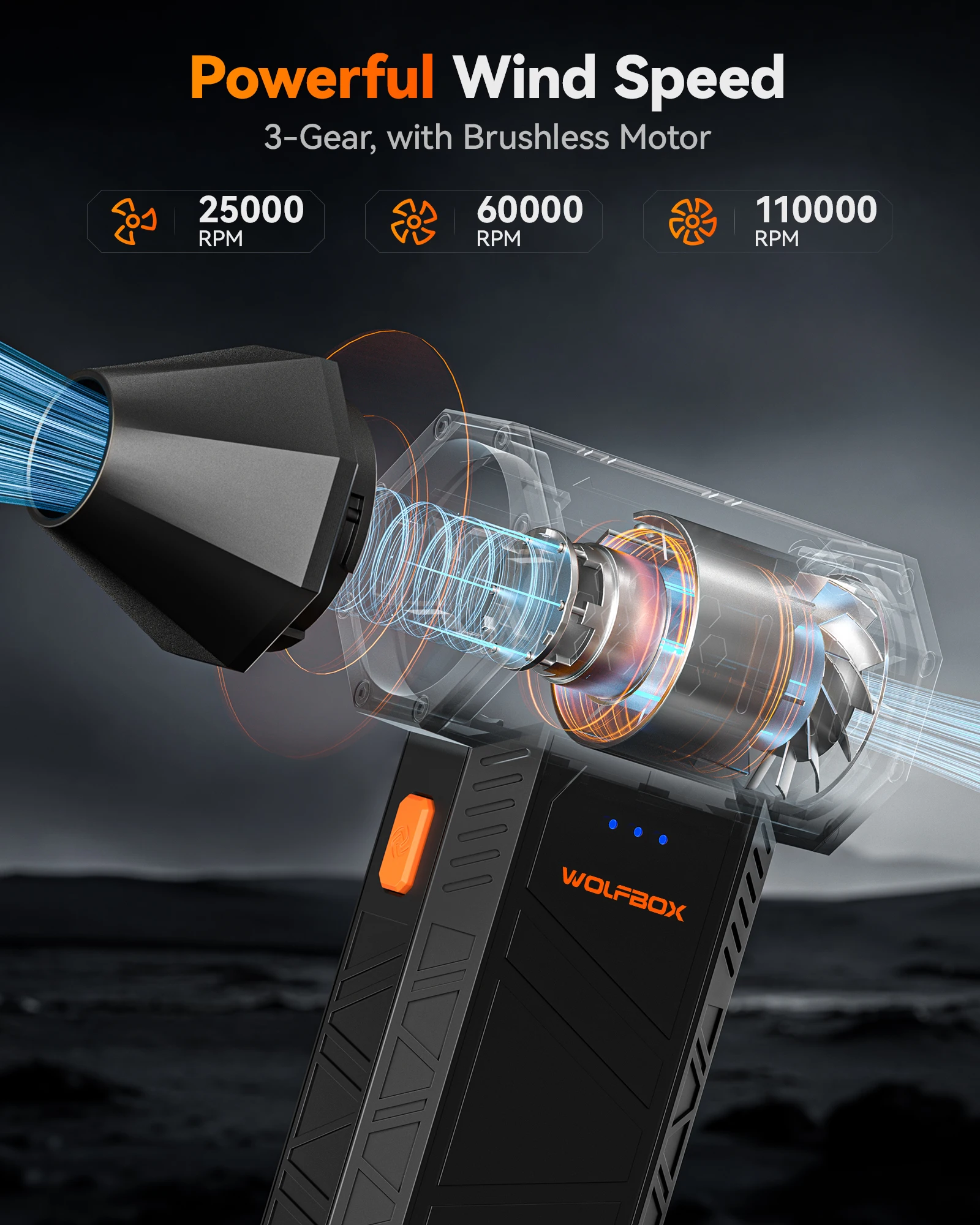 WOLFBOX MF50 Электрический воздуходувка для пыли-110000 об/мин Супермощный, перезаряжаемый 3-ступенчатый бесщеточный двигатель для автомобиля/ПК/дома/на открытом воздухе