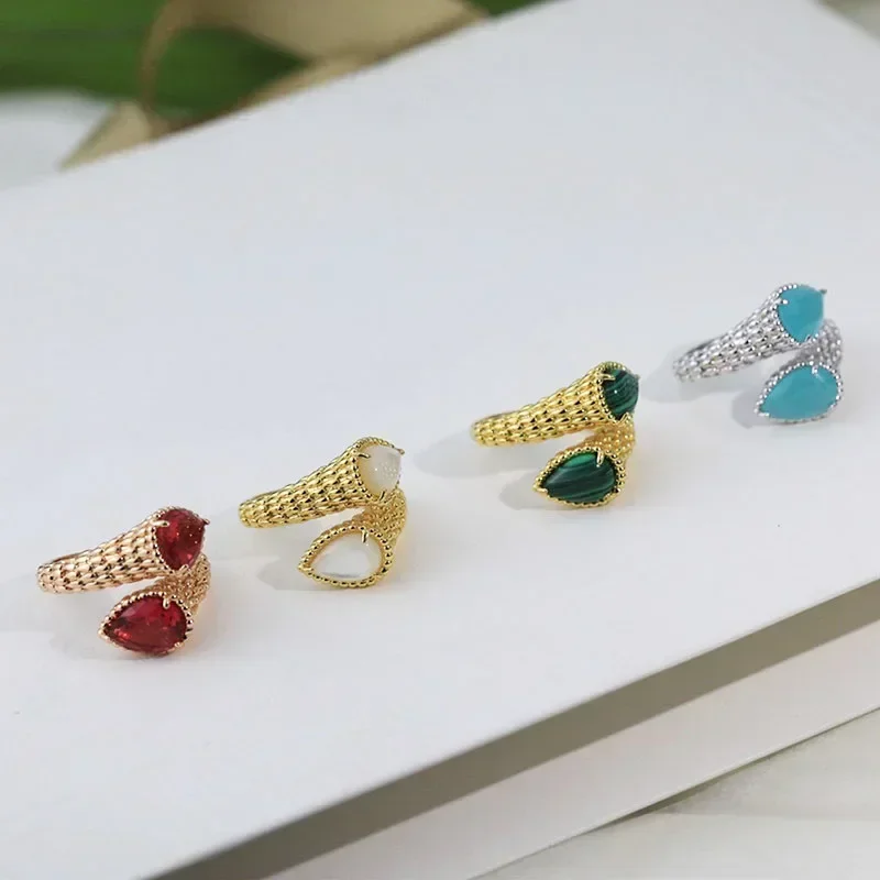 

New S925 Sterling Silver Double Gem Water Drop Ring Women's Temperament Fashion Luxury Brand Bohemian Jewelry