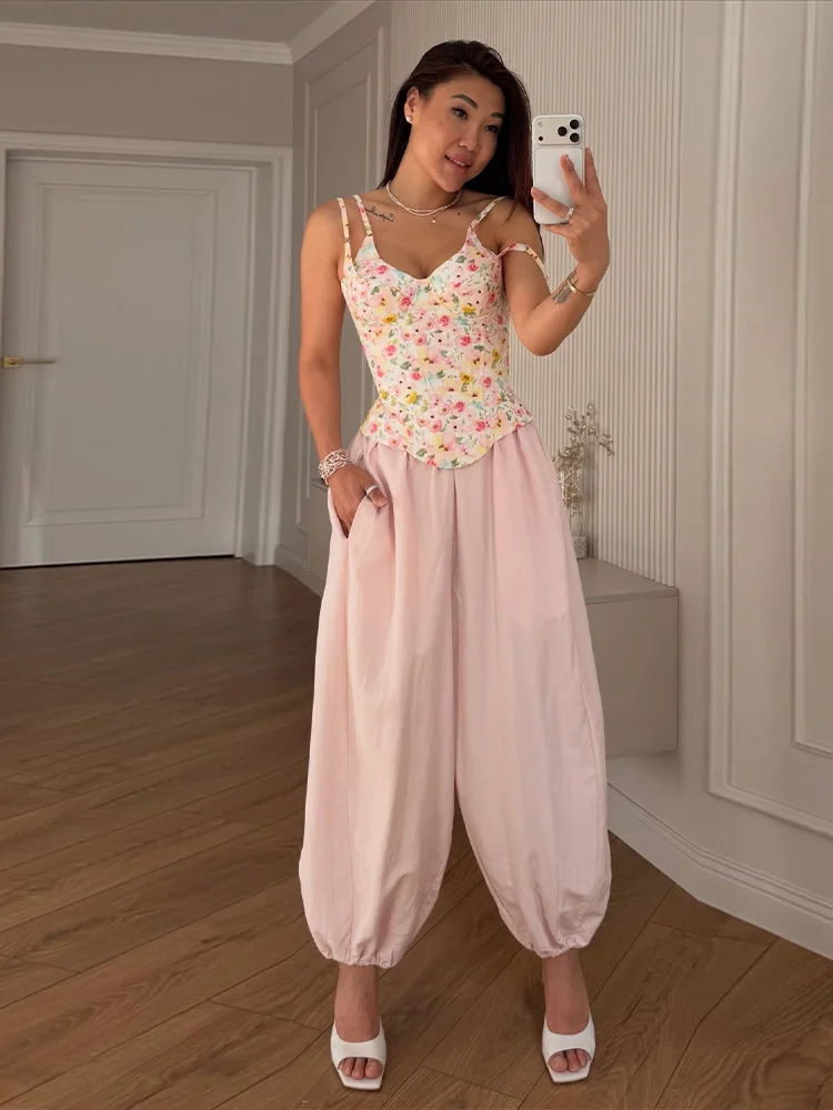 Backless Lace Up Irregular V-neck Sexy Women's Tank Top Sleeveless Print High Street Female 2026 Summer Fashion Skinny Lady Tops