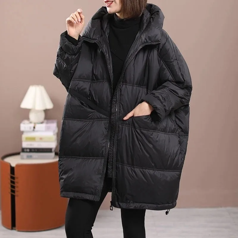 2025 New Winter Women White Duck Down Loose Jacket With Hood Female Thick Warm Outwear Casual Over Size Patchwork Coats