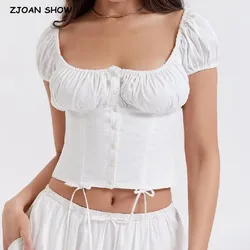 Sexy Corset White Ruched Chest Elastic Square Collar Short Puff Sleeve Shirt Women Drawstring Tie Bow Center Buttons Crop Tops