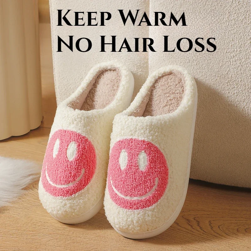 Female Warm Cotton Slippers, Autumn and Winter Couple Home Indoor Plush Slippers Non-slip Warm Clock Smiley Cotton Shoes Male