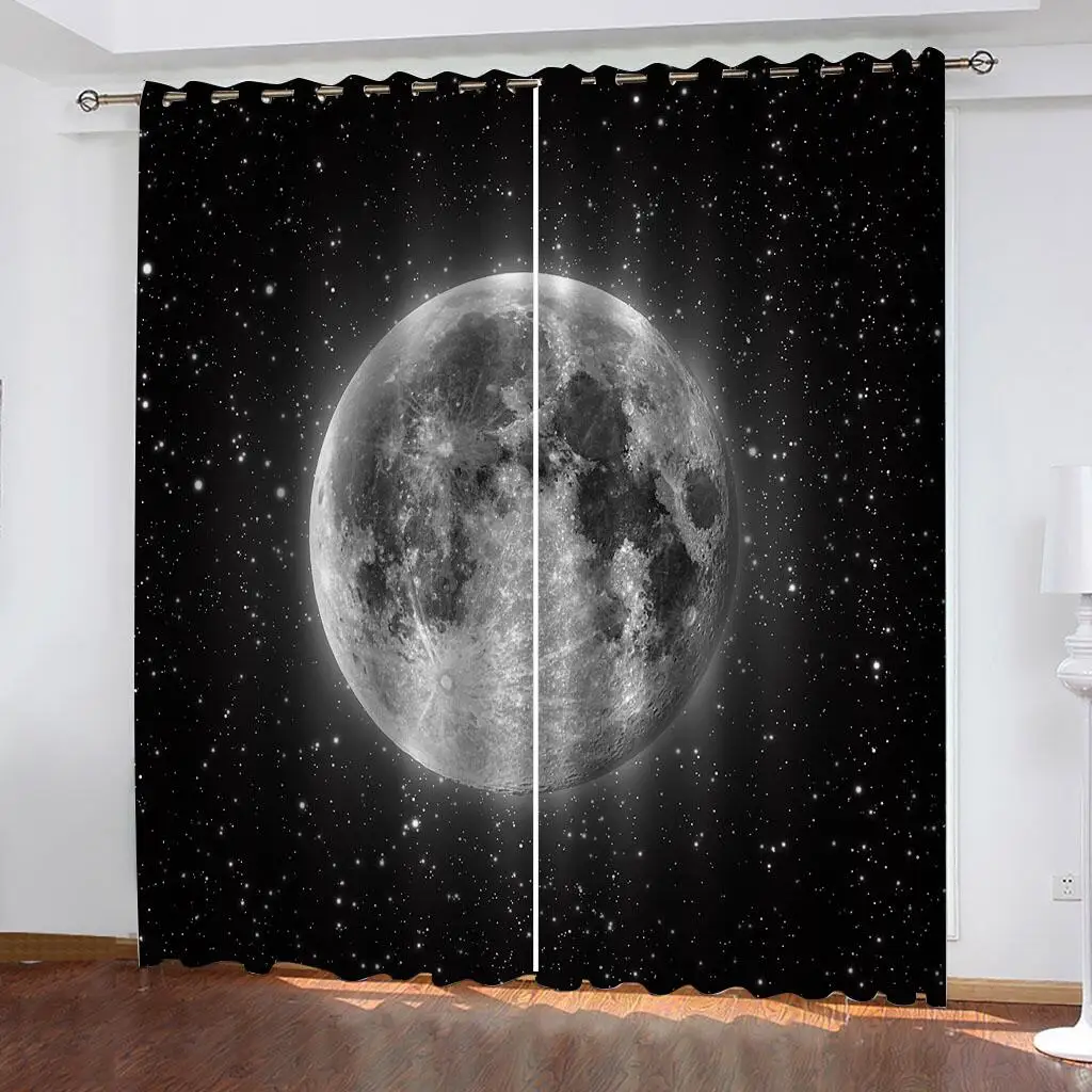 2Pcs Moon Starry Sky Curtains Black White Print Night Scene Living Room Bedroom Astronomy Lover Decor Sun Shade Drapes