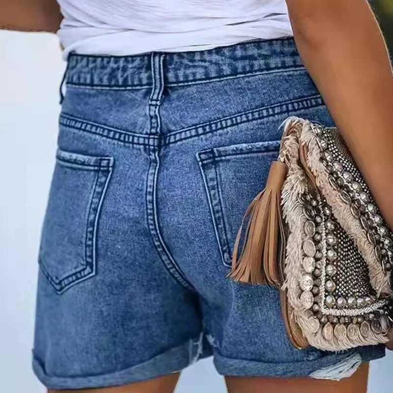 Factory direct sales women\'s summer shorts loose straight cylinder wide leg roll edge worn blue black cotton for women