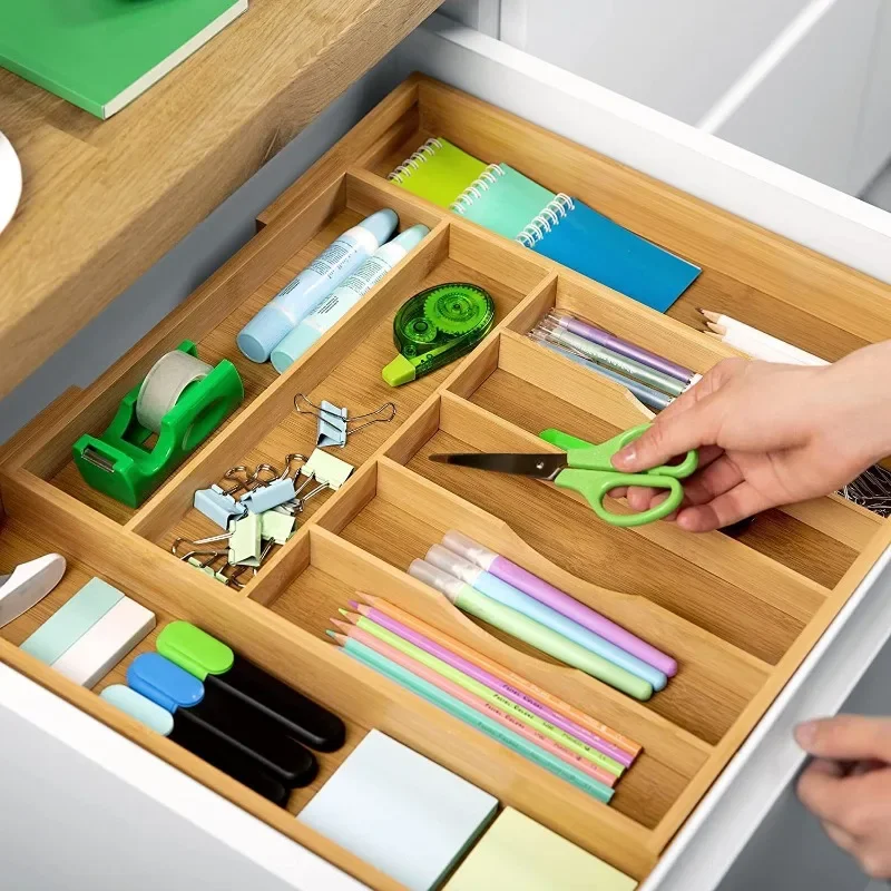 Bamboo Drawer Partition Storage Box, Retractable Multi-compartment Storage, Kitchen Bamboo Knife and Fork Finishing Plate