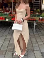 Elegant Beige Summer Corset Maxi Dress Women Sexy Side Split Ruched Bodycon Dresses Chic Sleeveless Party Night Clubwear Robe - Image 4