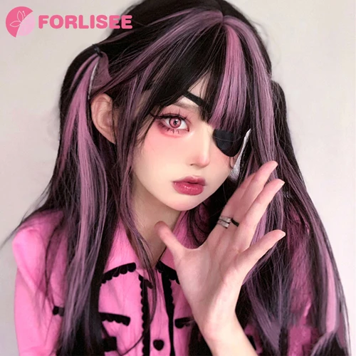 Imagen 2 del producto FORLISEE-Peluca de cabello largo y liso con flequillo para mujer, cabellera sintética con resaltado negro y rosa, Cosplay de Lolita dulce y Linda, peluca diaria JK