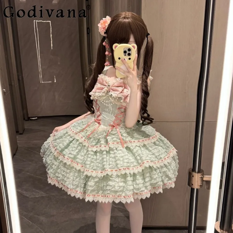 Senhora estilo japonês design original lolita vestido de cintura alta princesa doce jsk cinta vestido para mulheres gola arco vestido bonito