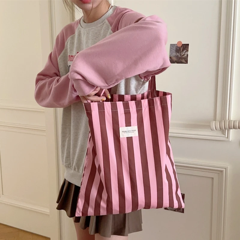 Vintage Stripe Women's Canvas Shoulder Bag Large Capacity Female Daily Shopping Bags Casual Portable Ladies Travel Tote Handbags