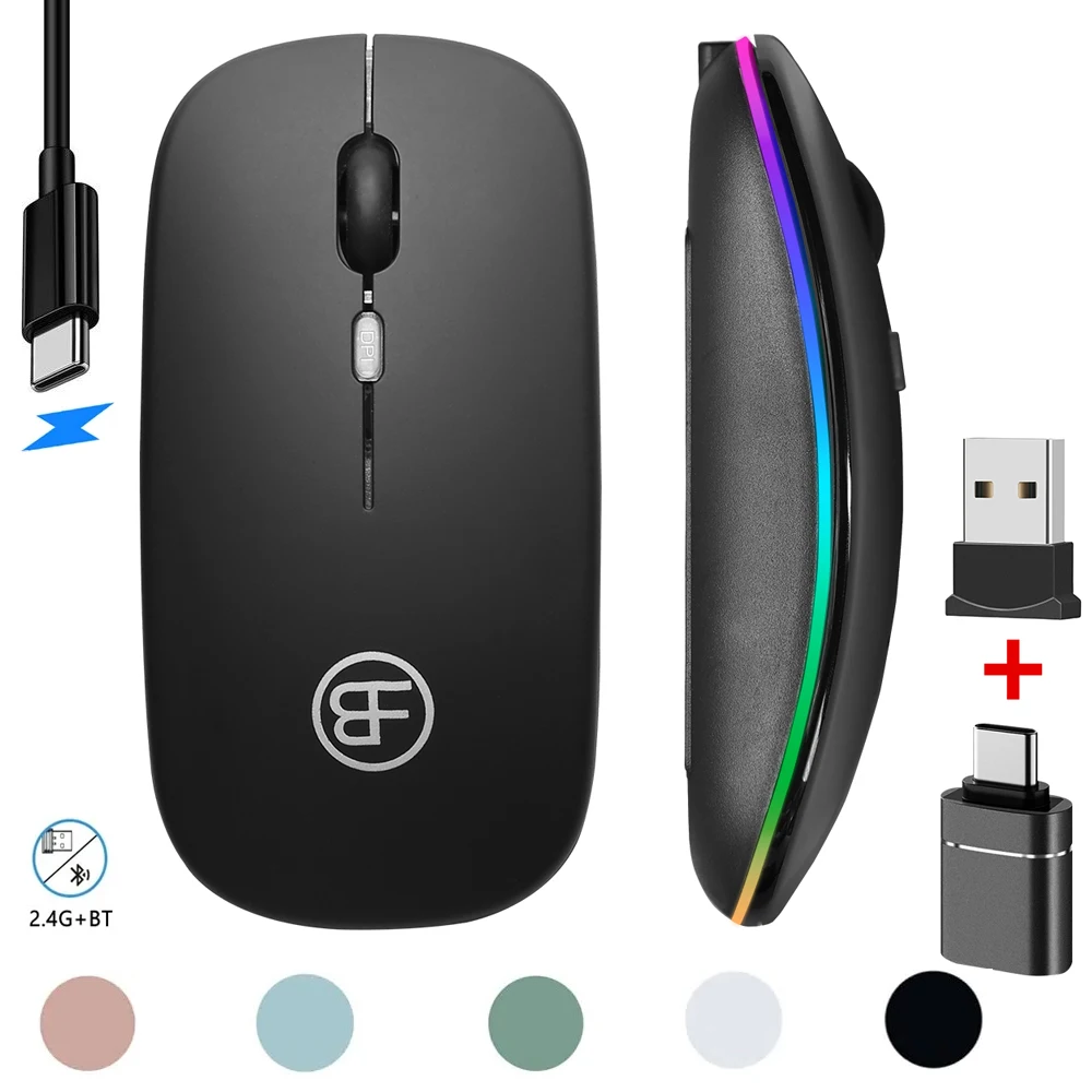 LED Wireless Mouse Rechargeable Mouse Dual Modes Bluetooth-compatible 2.4G USB Mute Mice For Laptop Pad Tablet Macbook Mause