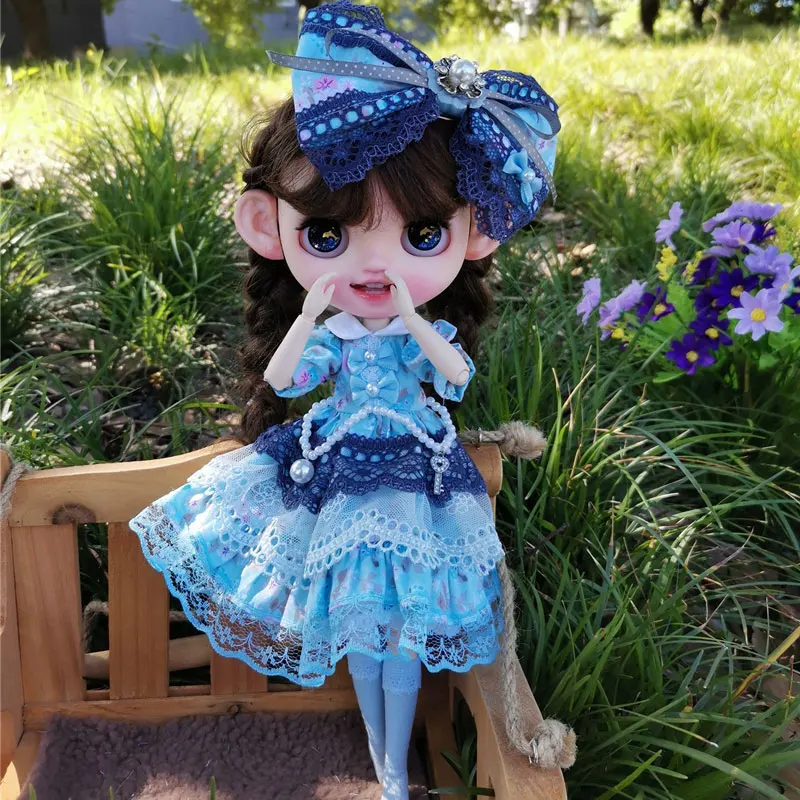 

Одежда для куклы BJD ручной работы 1/6, синяя заколка для волос с большим бантом, кружевное милое платье в стиле принцессы, комплект для Blythe Azone Licca Pullip Clothes