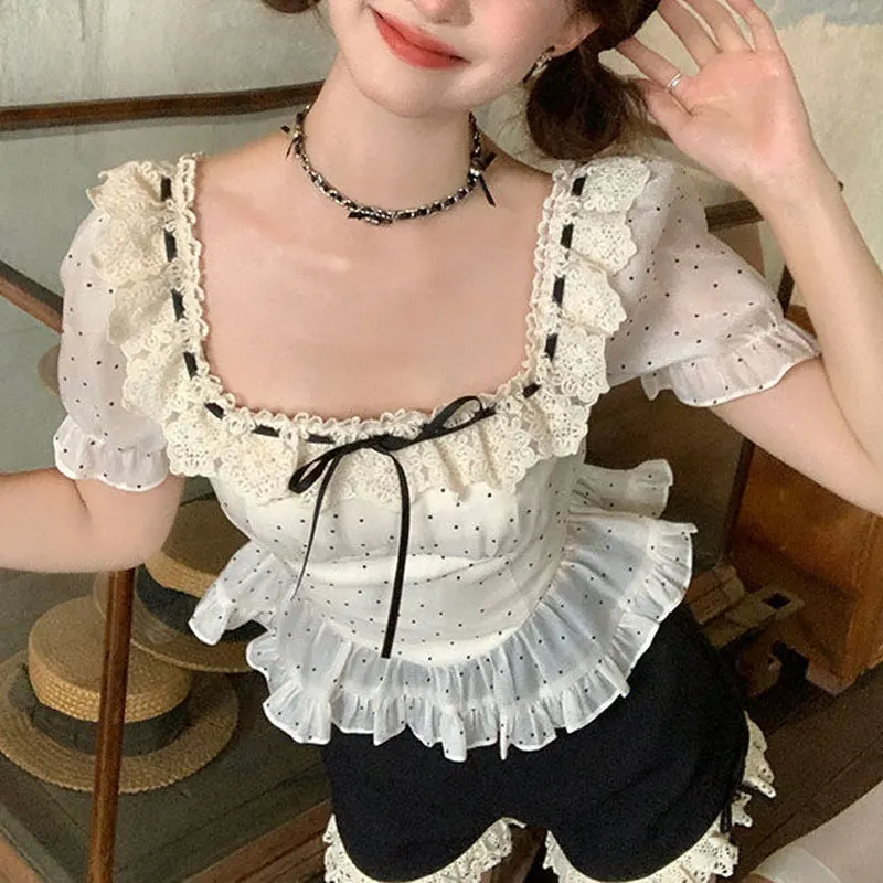 Elegant Square Collar Slim Blouse Polka Dot Female Clothing Stylish Lace Spliced Drawstring 2024 Summer French Style Waist Shirt