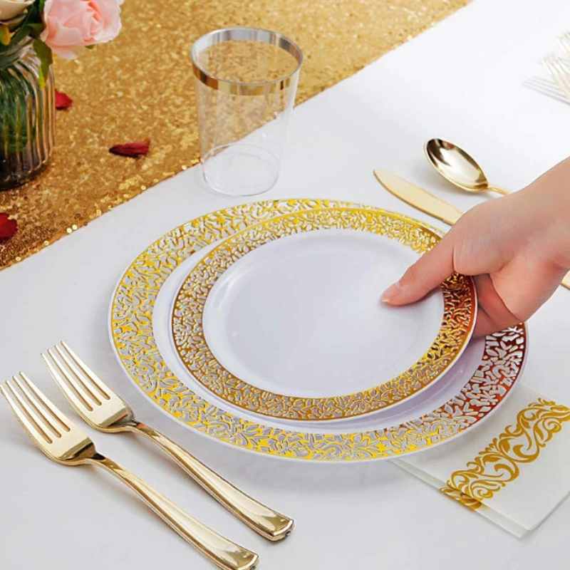 150pcs/set High-end Plastic Tableware Set, Wedding Plastic Plates, Party Transparent Tableware, Reusable Tableware