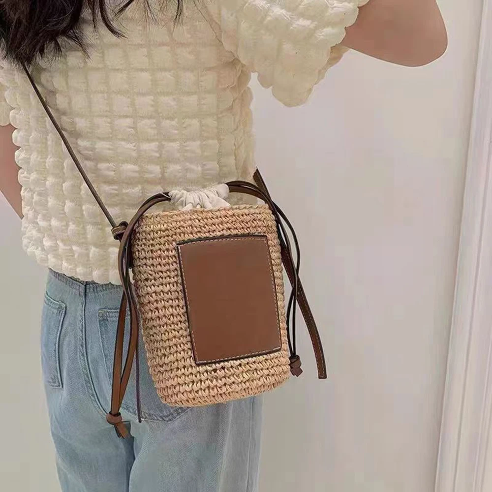 2024 New Crochet Oblique Span One Shoulder Bag Protable Cute Drawstring Cylinder Women Shopping Bags Small Property Storage Bag