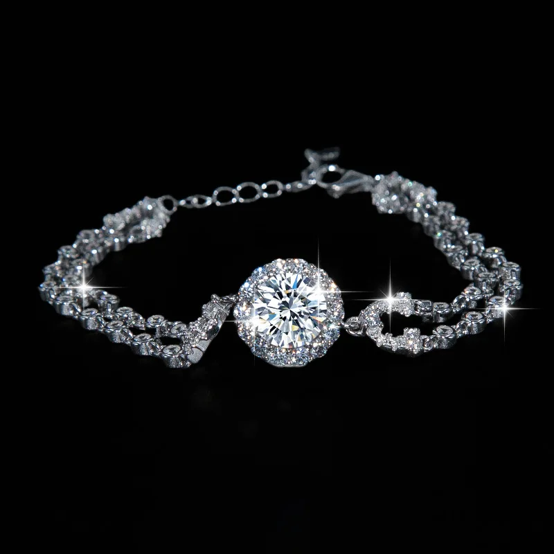 여성을위한 TY 2CT 라운드 Moissanite 팔찌 S925 스털링 실버 팔찌 트렌디 쥬얼리 선물 팔찌 럭셔리 빛나는 팔찌