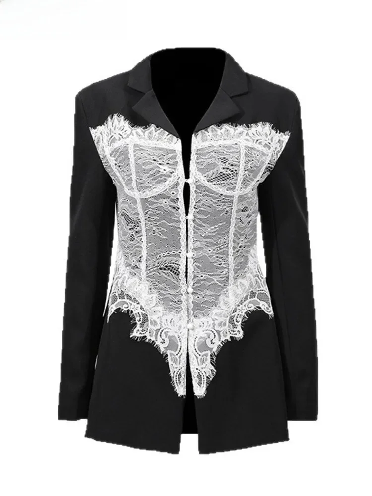 

2026 Women's Black Blazer With White Lace Corset Detail Long Sleeve Formal Jacket For Evening Party Stylish FF0668