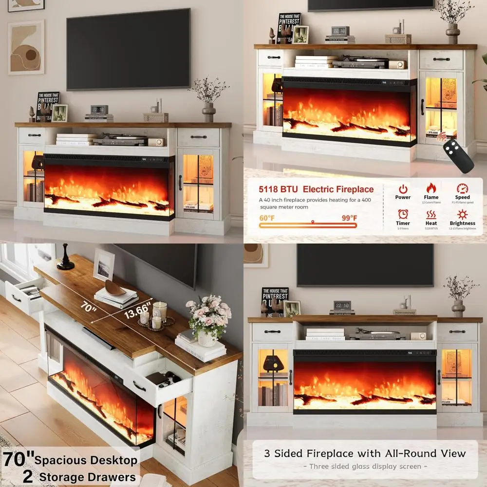 

Electric Fireplace TV Stand for 80-Inch TVs, 70-Inch Entertainment Center with Adjustable Shelves