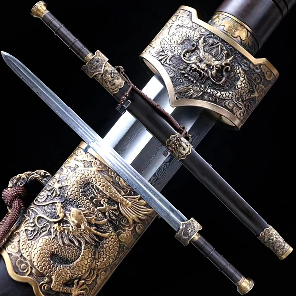 Folded Forging Damascus Steel Blade Double Groove Sword Chinese Han Dynasty Saber KungFu Double Edge Jian Brass Dragon Fittings