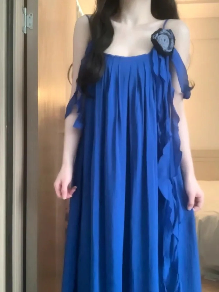 

New Klein Blue Strap Hanging Neck Dress For Children's Spring And Summer Sanya Beach Vacation Beach Long Dress