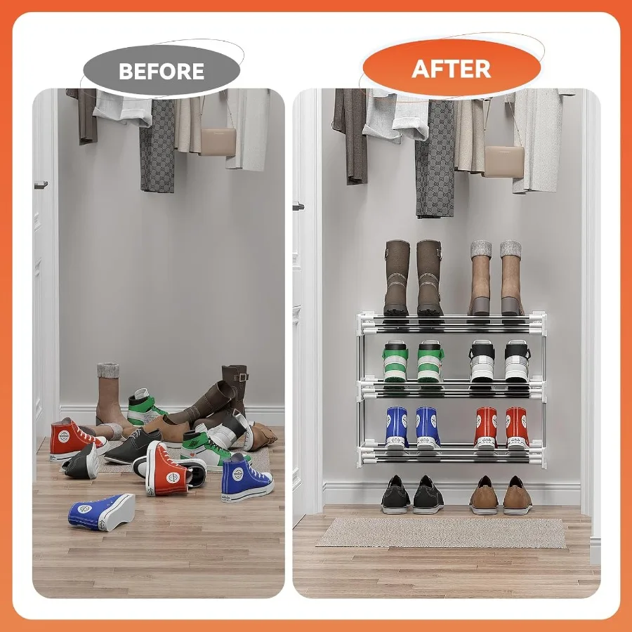 ชั้นวางรองเท้าแคบ 3 ชั้นพร้อมตะขอและห่วงแถบกาวและการออกแบบประหยัดพื้นที่บางสําหรับจัดรองเท้าติดผนังในปิด
