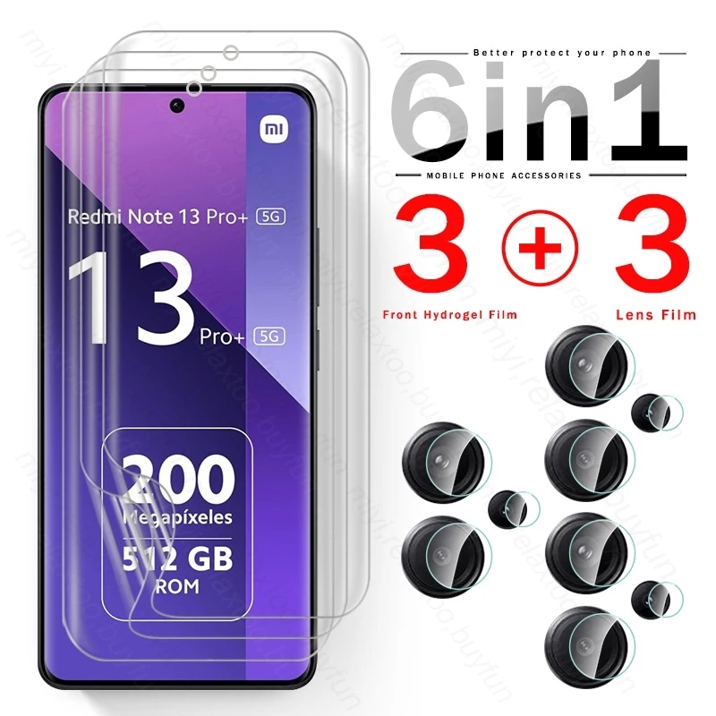 6 In 1 Camera Glass Hydrogel Film Screen Protector For Xiaomi Redmi Note13 4G Redmy Readmi Redme Note 13 Pro Plus Pro+ 5G 2024