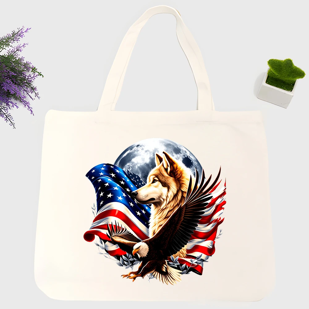 animal graphic canvas tote bag with eagle and wolf print, perfect for casual daily use and outdoor outings