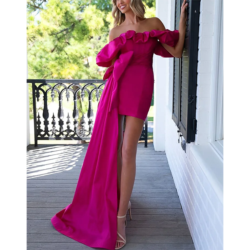 

Шикарные розовые мини-платья для выпускного вечера для женщин с открытыми плечами, без рукавов, платье для выпускного вечера с большим бантом выше колена, вечернее платье