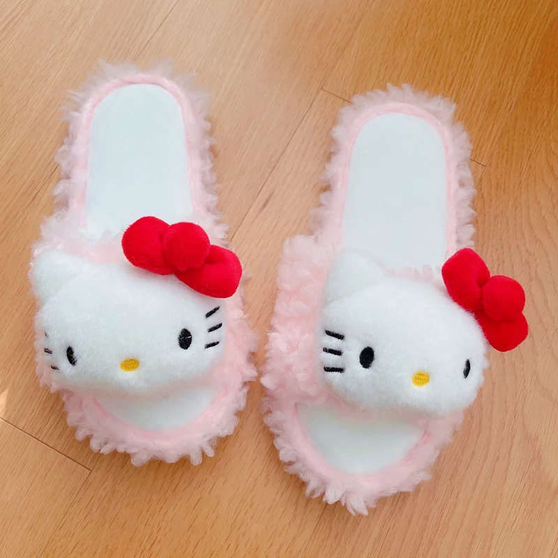 Sanrio Hello Kitty Cute Sweet Warm Home Women's Shoes Kulomie Cartoon Plush Flat Bottom Non-Slip Open Toe Cotton Slippers