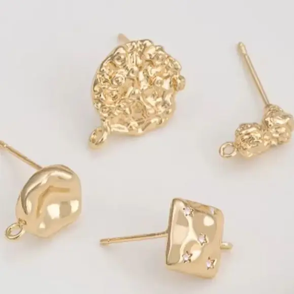 925 Silver Needle 14K Gold Wrapped Lava Small Stone Irregular Flat Round Square with Hanging Rings Earrings Accessories E345