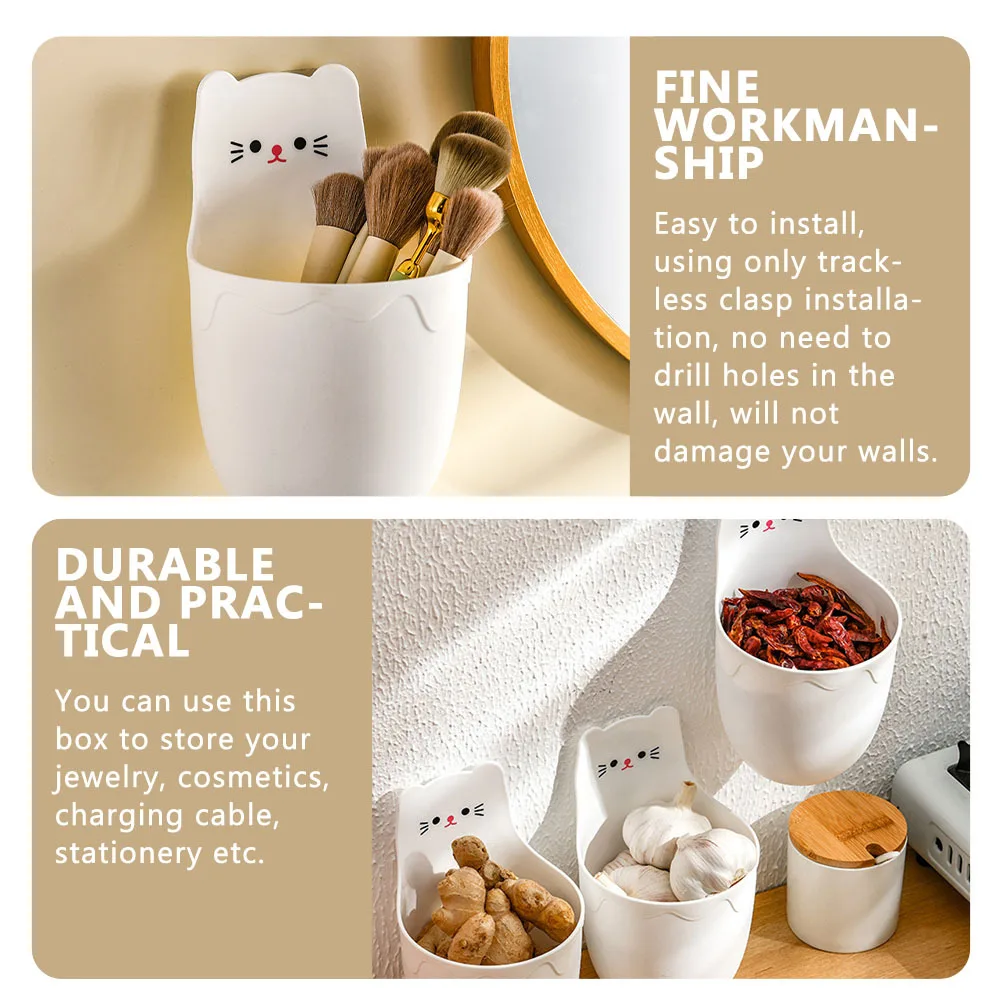 Wall Hanging Storage Cylinder Cartoon Cat Design No Drilling Multi Functional Organizer Box for Office Desk Cosmetics Jewelry