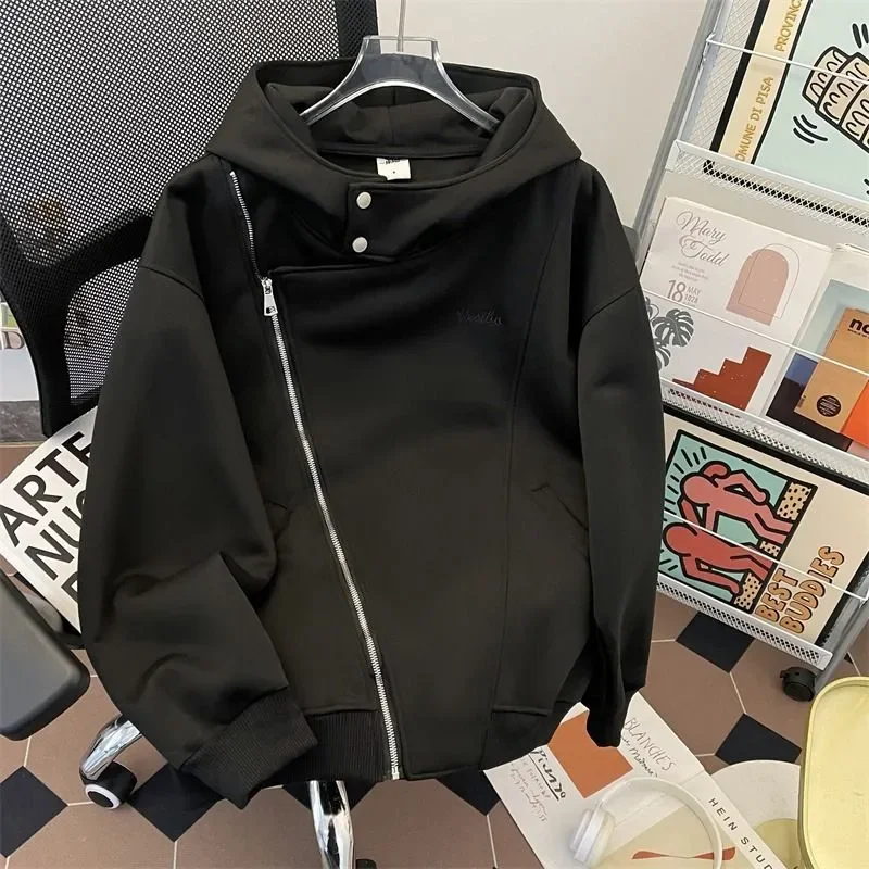 American Double Zipper Cardigan Sweatshirt Men's Spring Autumn Irregular Hooded Trendy Street Sports Hoodie
