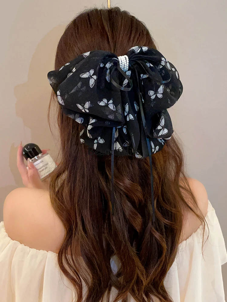 Elegant Ribbon Butterfly Print Spring Clip Chiffon Elegant Ponytail Hairpin Women