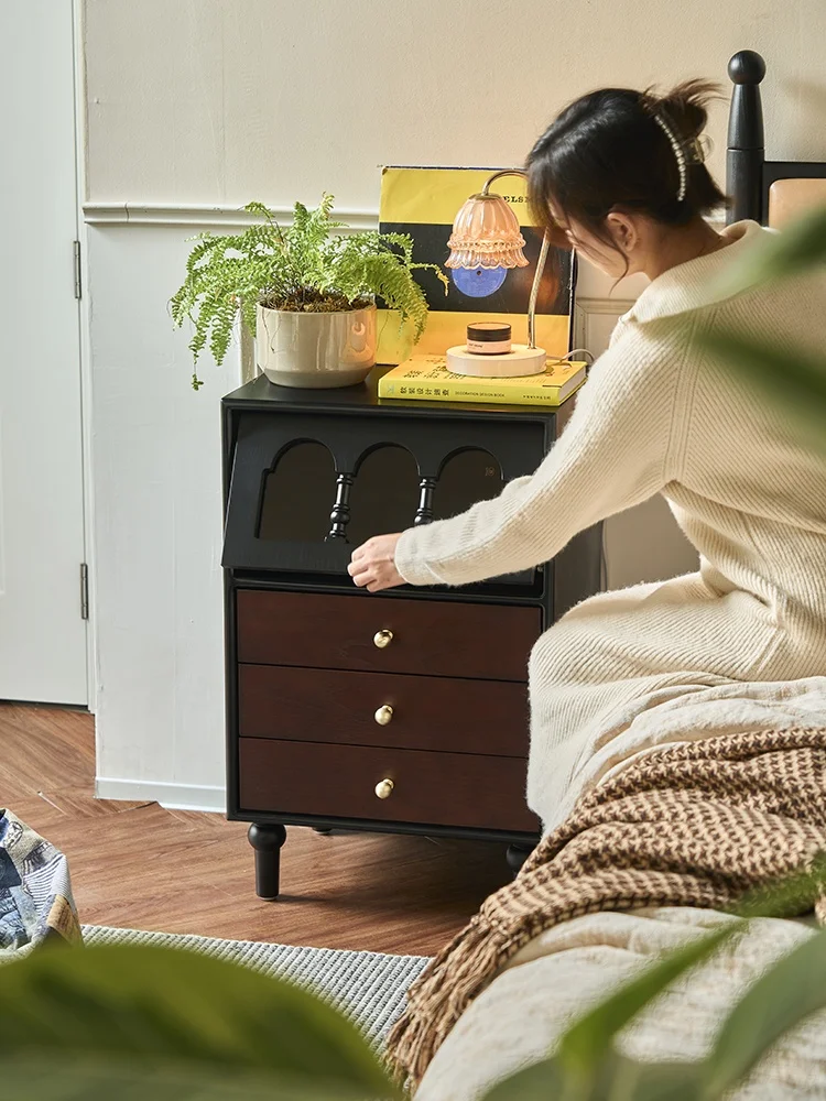 طاولة بجانب السرير من الخشب الصلب الأمريكي الفرنسي العتيق، خزانة صغيرة فاخرة وخفيفة الوزن