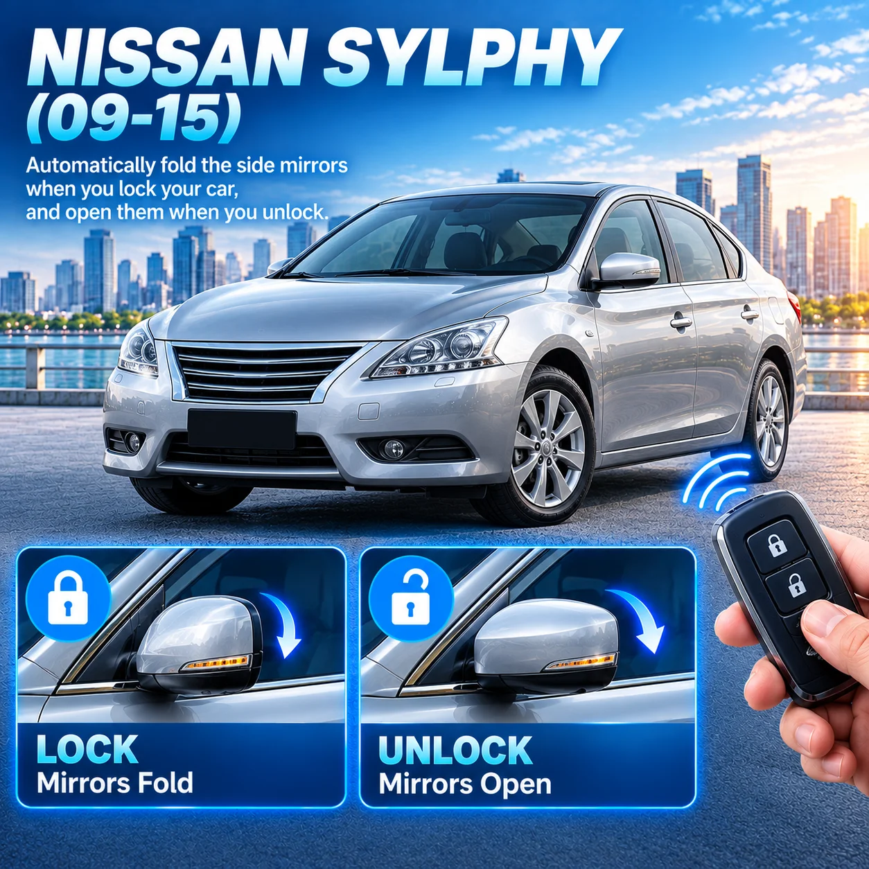 Side mirror folding module for Nissan Sylphy (2009–2015): folds upon locking, unfolds upon unlocking.