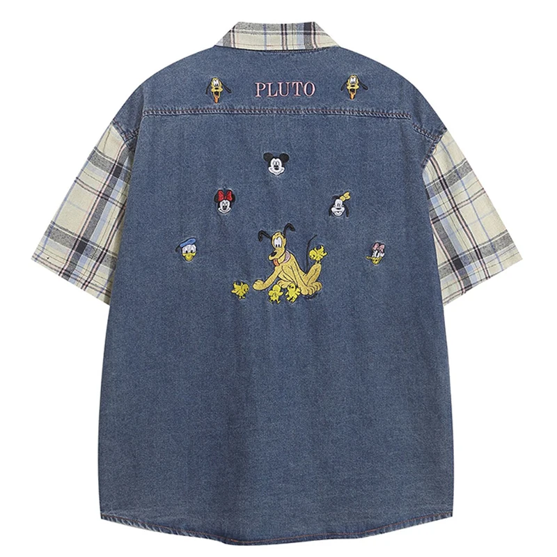 Men Streetwear Retro Vintage Jean Shirt Washed Embroidery Cotton Summer Casual Harajuku Patchwork Shirts Short Sleeve Chinese