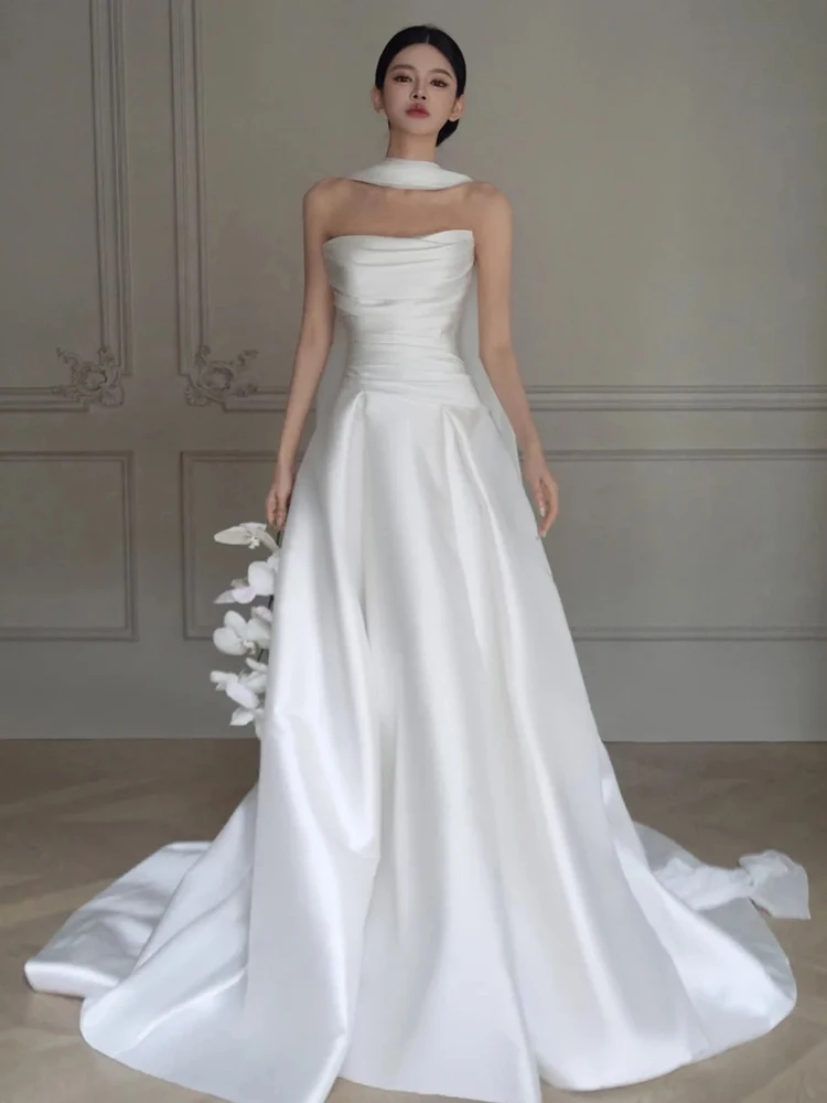 

Ele Satin Light Wedding Dr Simple Strapl Bridal Gown White Train Floor-Length Dr for Travel Photoaphy