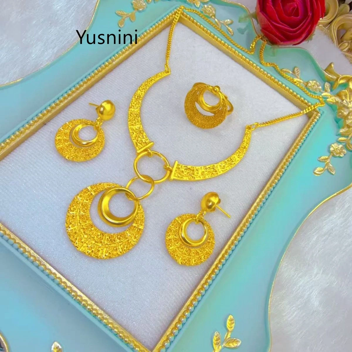 

New Dubai Fashion High-end 24K Gold Plated Necklace Earrings Ring Exquisite Engagement Party Jewelry Set for Beloved