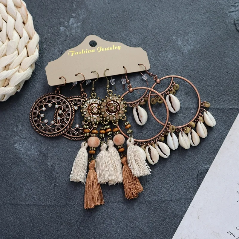 

MOGAKU Hoop Earrings for Women Bohemia Style Women's Accessories Retro Dangle Earring Fashion Jewelry Sets Lady Vintage 3 Pieces