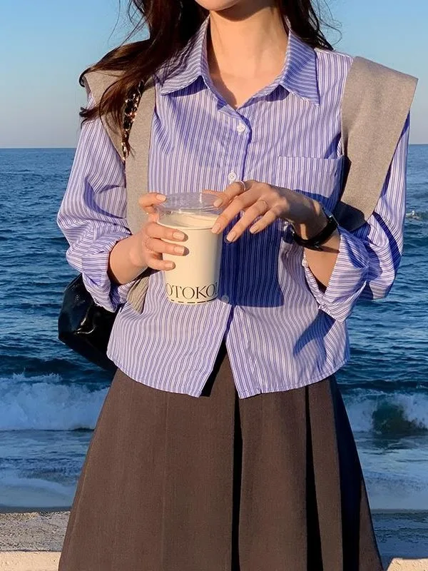 

Шикарный полосатый длинный свековый трикотажный женский модный дизайн, топ небольшого размера, повседневный свободный крой из полиэфирного волокна, осенний сезон