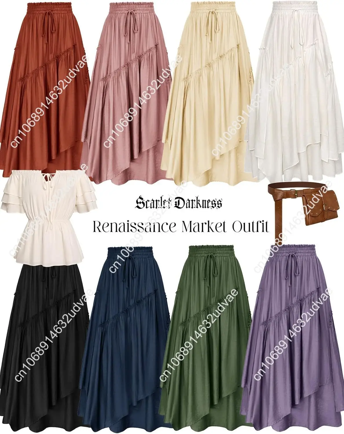Scarlet Darkness Women Renaissance Layered Long Skirt Elastic High Waist Tiered Skirt with Pockets