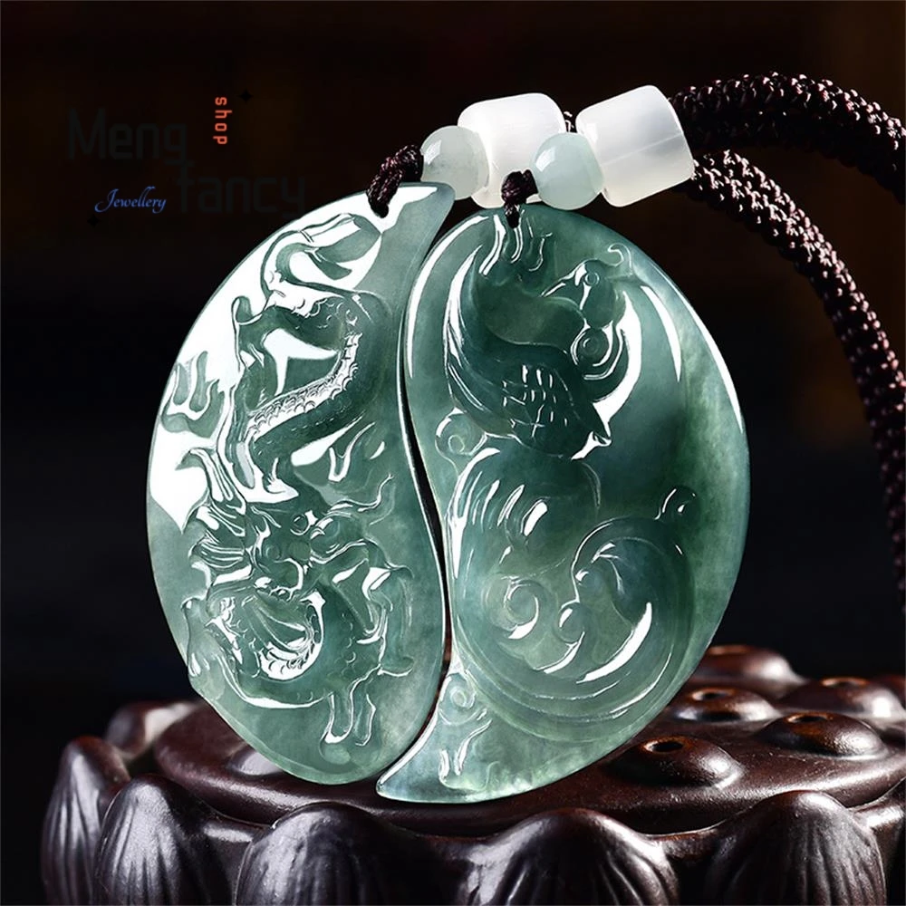 Natural Type A Myanmar Jadeite Hand Carved Dragon Phoenix Tai Chi Couple Pendant Ice Green Jade Tai Chi Yin Yang Fashion Jewelry