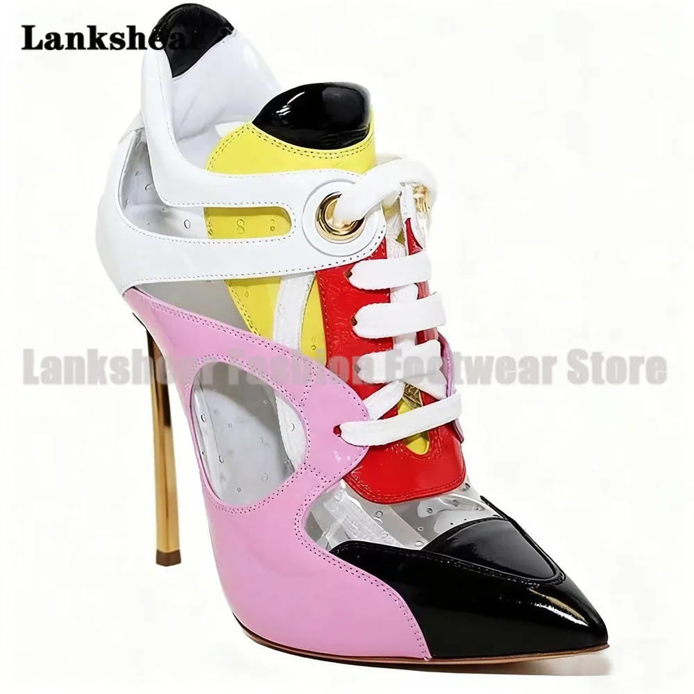 الذهبي شفرة كعب متعدد الألوان مضخات النساء أحذية الصيف أشار تو بولي كلوريد الفينيل المرقعة حذاء من الجلد أحدث Sandalias De Mujer Verano #3