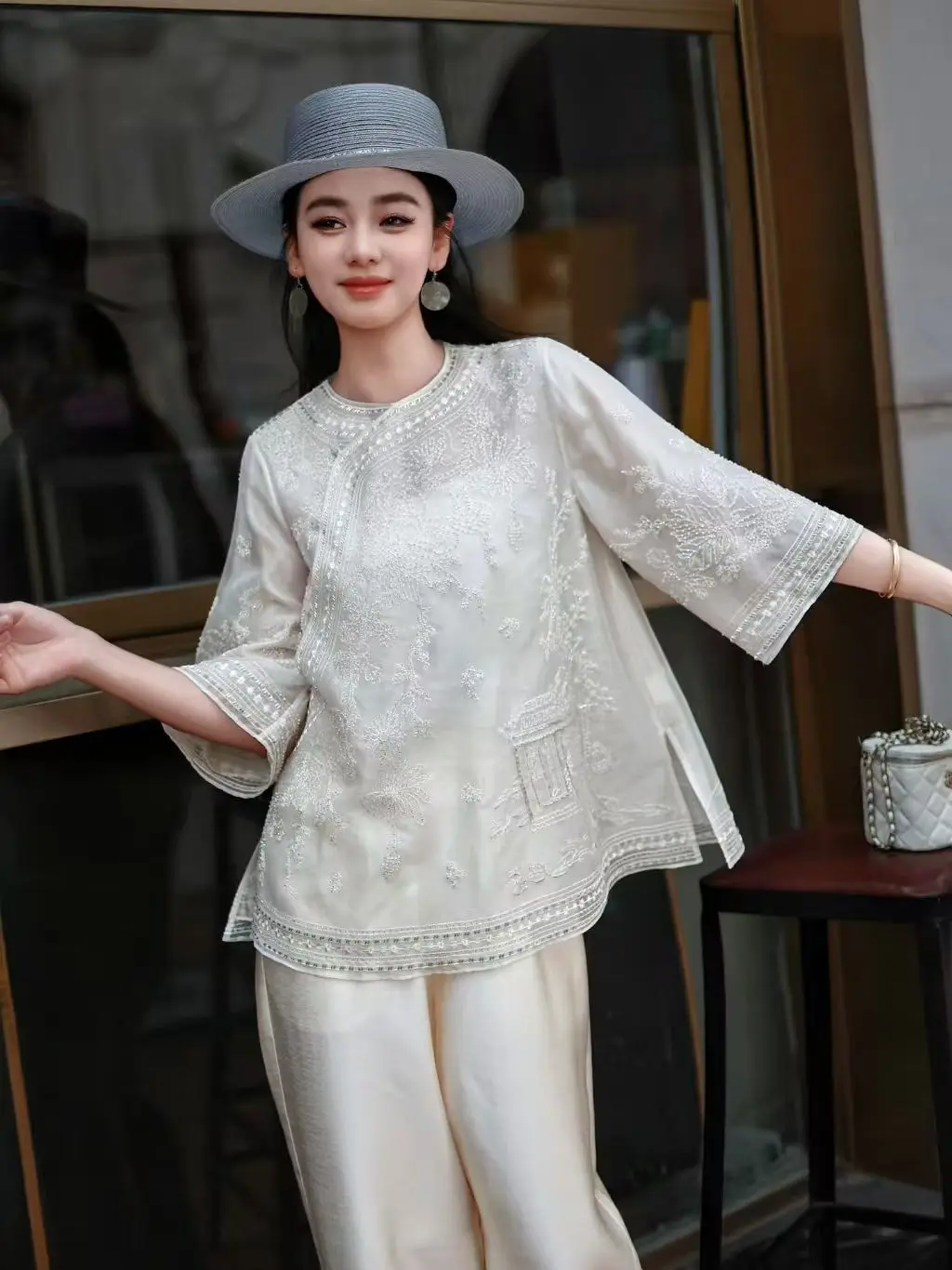 2026 Spring/Summer New Round Neck Chinese Button Silk Eugen Silk Organza Fabric Embroidered Elegant Women's Shirt S-XL